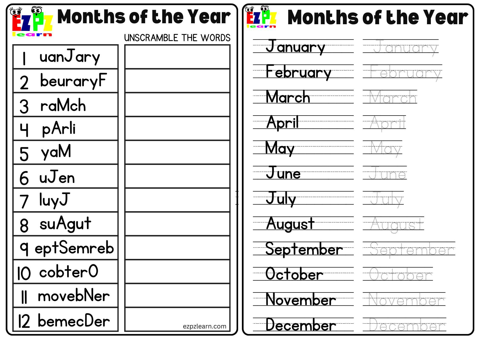 Unscramble the Words Worksheet for Months of the Year. Includes two pages